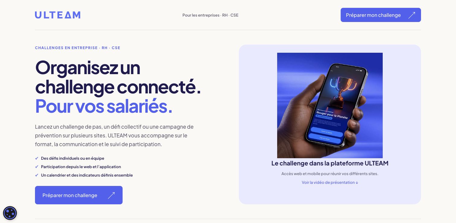 Page de prestation ULTEAM : offre de challenge connecté et demande de devis.