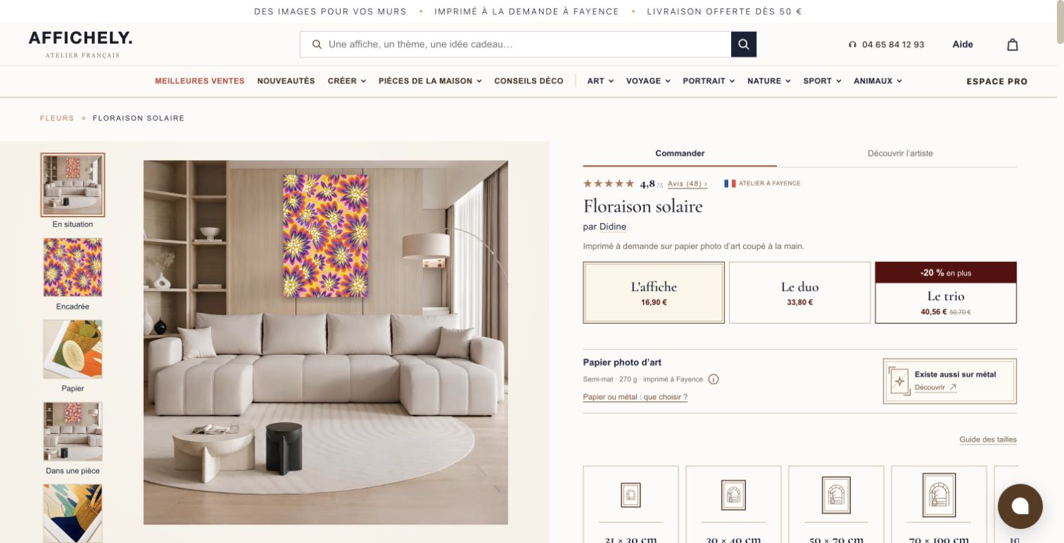 Extrait de la fiche Floraison solaire chez Affichely, avec aperçu de l’affiche et choix de l’offre.