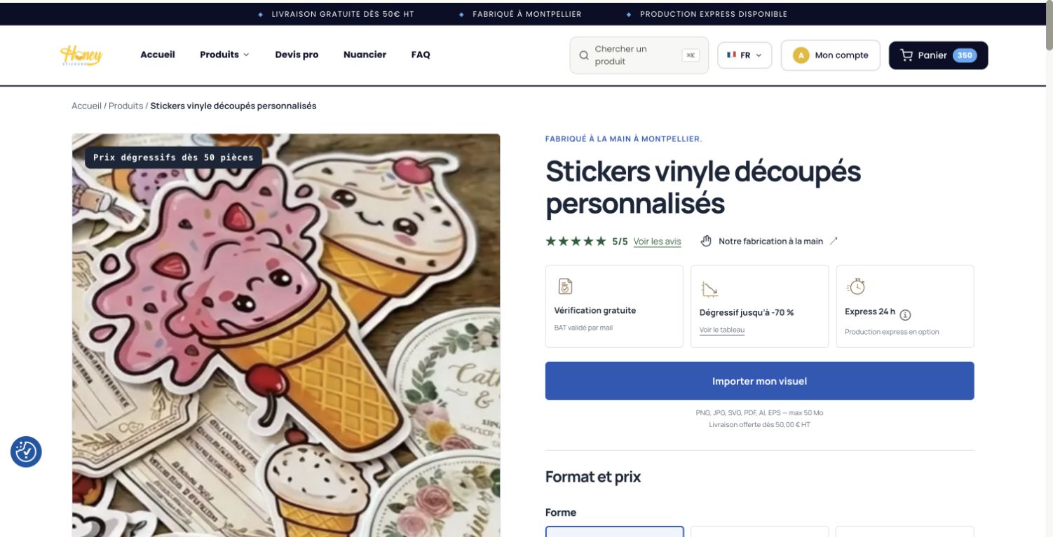 Fiche Honey Stickers avec import du visuel et choix du format.
