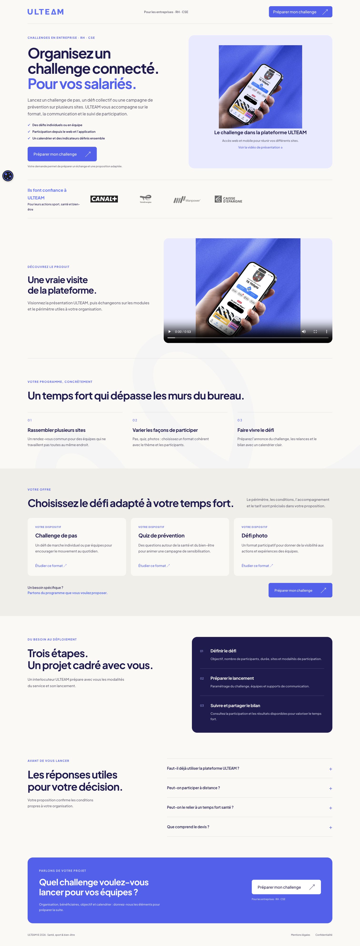 Page Ulteam présentant une offre de challenges connectés aux entreprises.