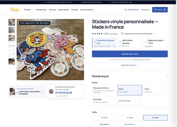 Configurateur Honey Stickers : dimensions, matière et quantité de stickers