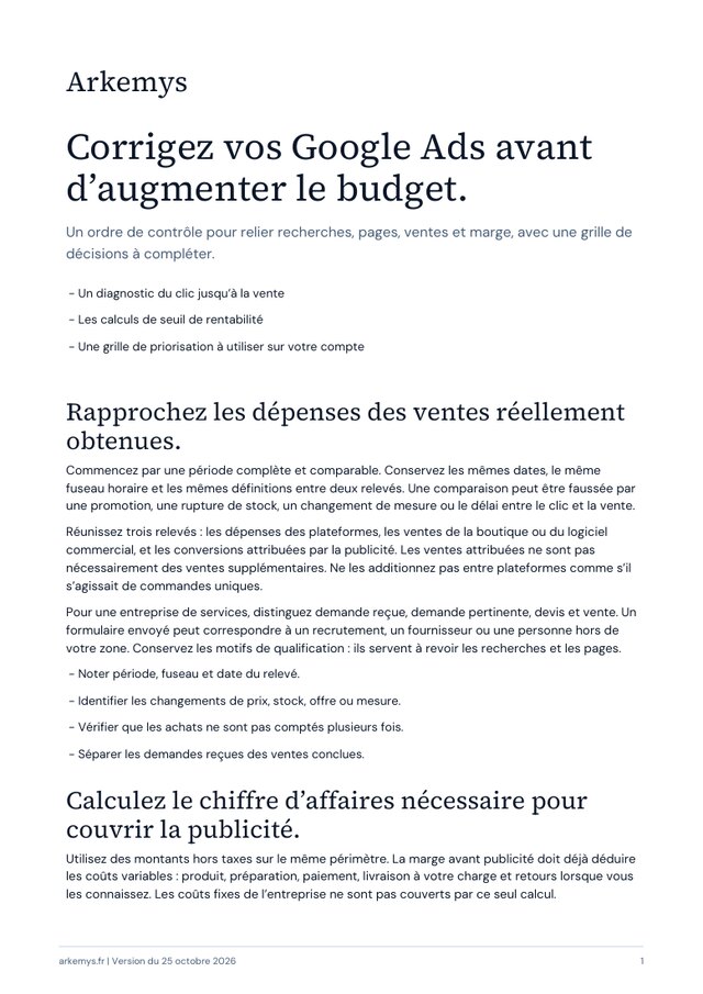 Première page du playbook : Corrigez vos Google Ads avant d’augmenter le budget.