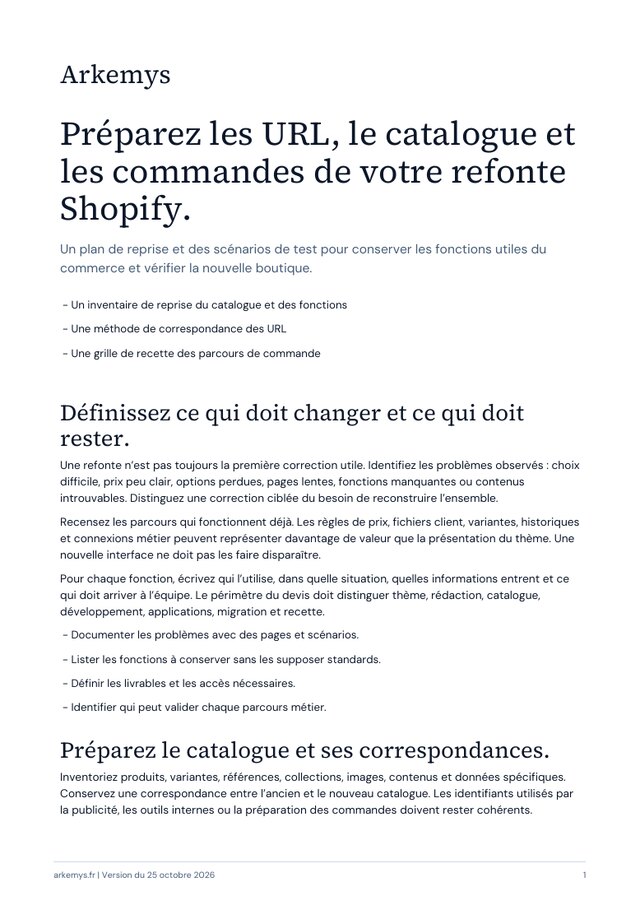Première page du playbook : Préparez les URL, le catalogue et les commandes de votre refonte Shopify.