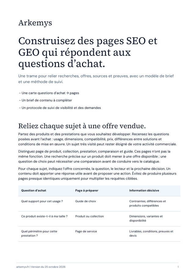 Première page du playbook : Construisez des pages SEO et GEO qui répondent aux questions d’achat.