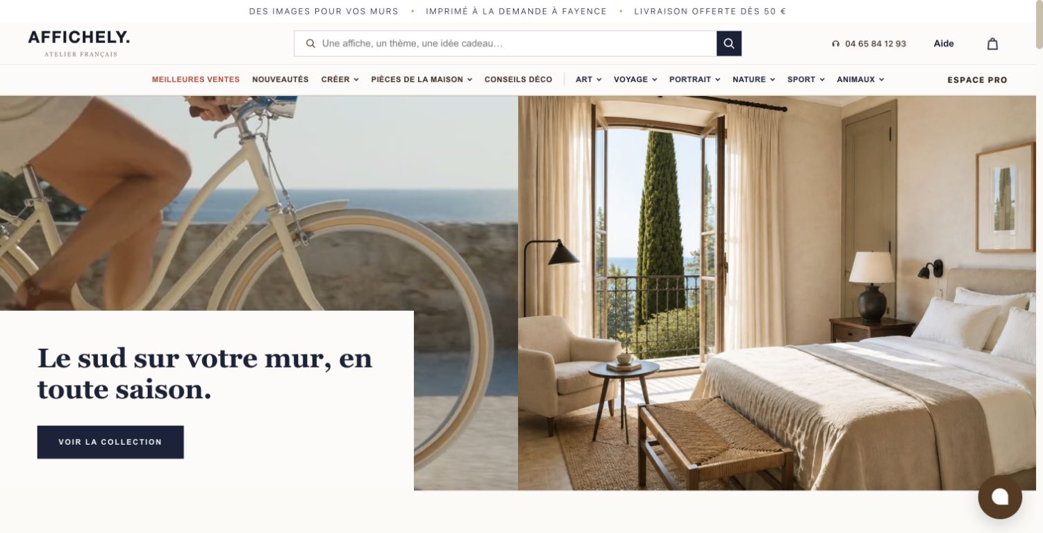 Page d’accueil de la boutique Affichely.