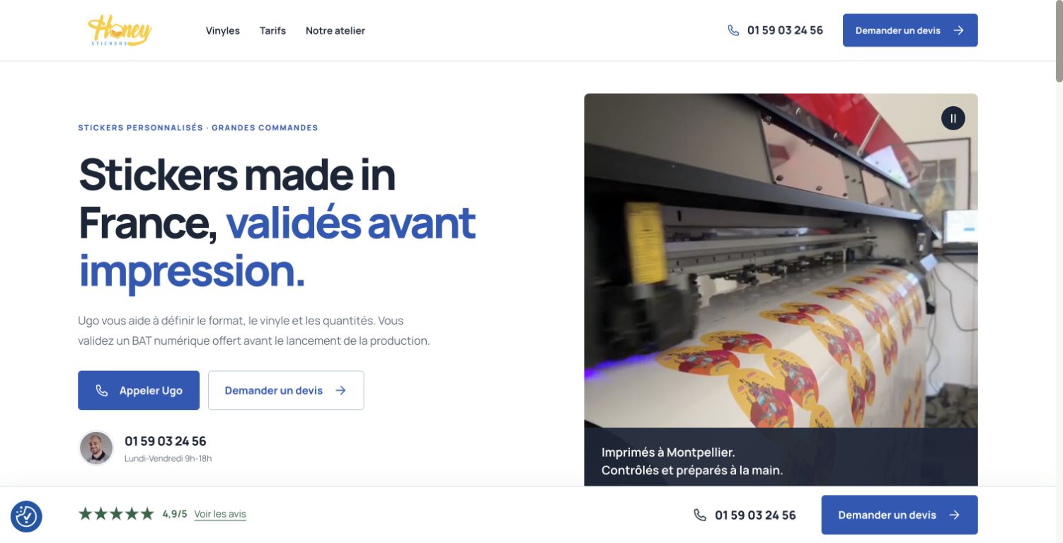 Page Honey Stickers dédiée aux commandes professionnelles, avec présentation de l’impression et demande de devis.