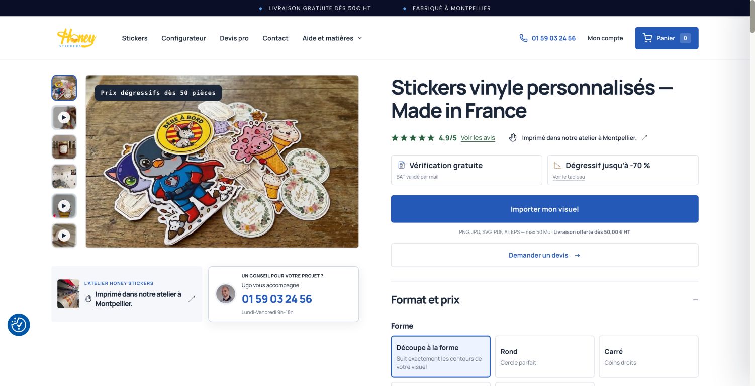 La fiche produit Honey Stickers et les options de configuration des stickers