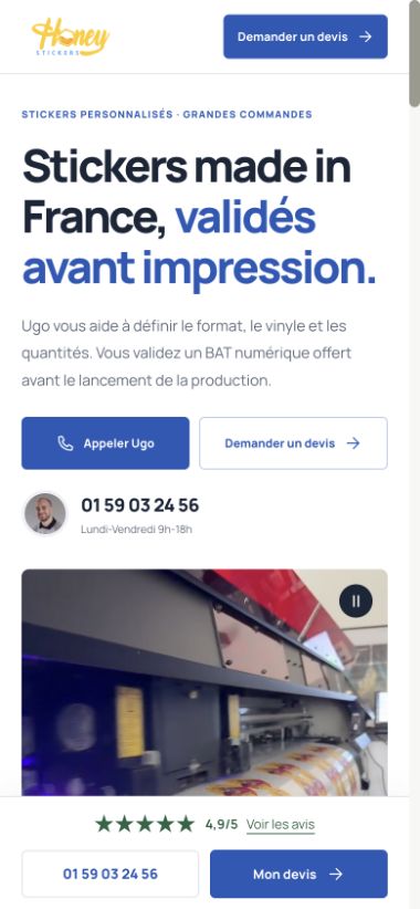 La page Honey Stickers sur téléphone, avec l’accès à l’appel et au devis.